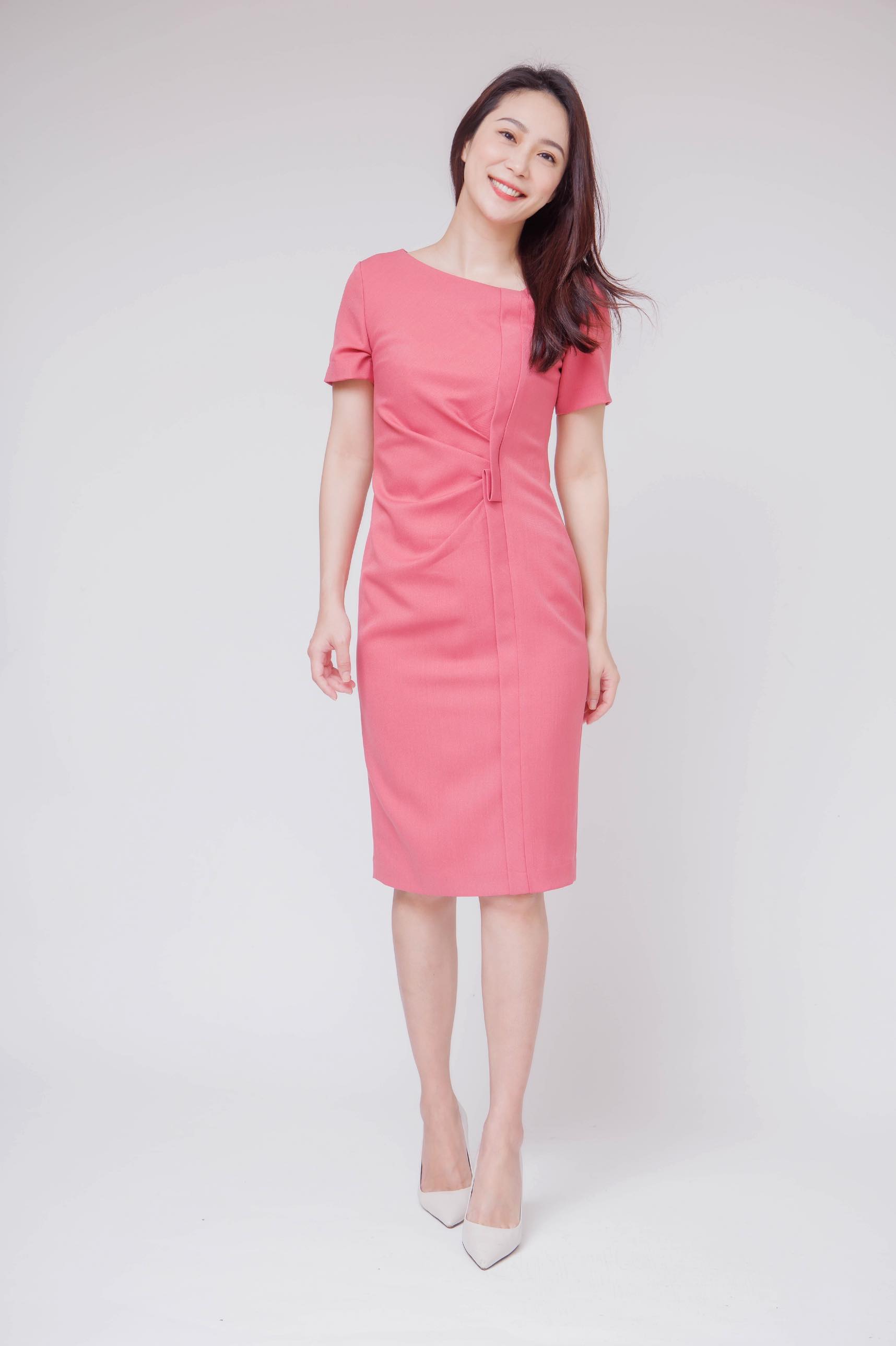 Short Sleeves Front-waist Crumpled Dress-pink