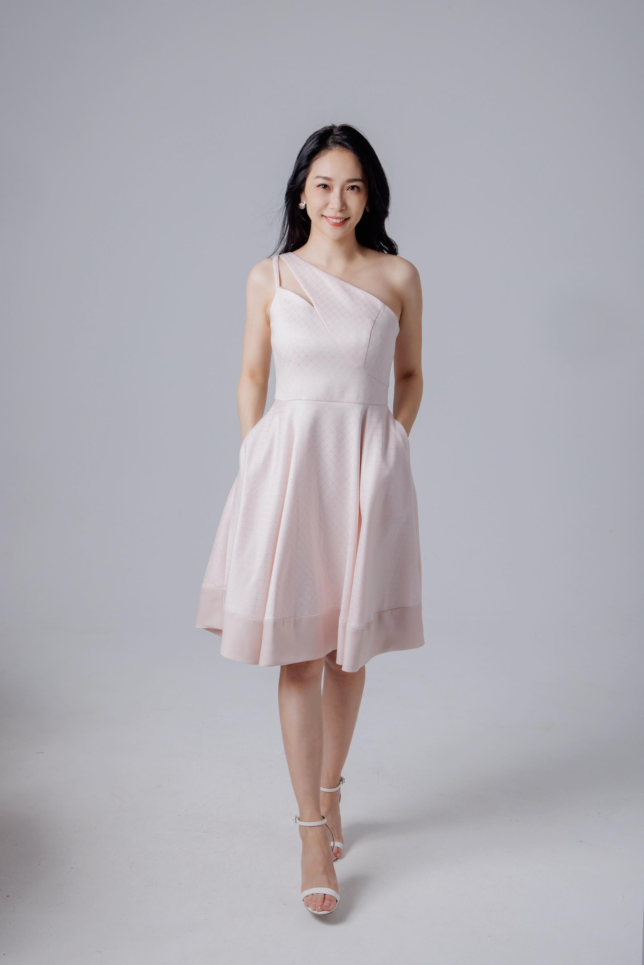 One-shoulder Jacquard Evening Gown—Light Pink