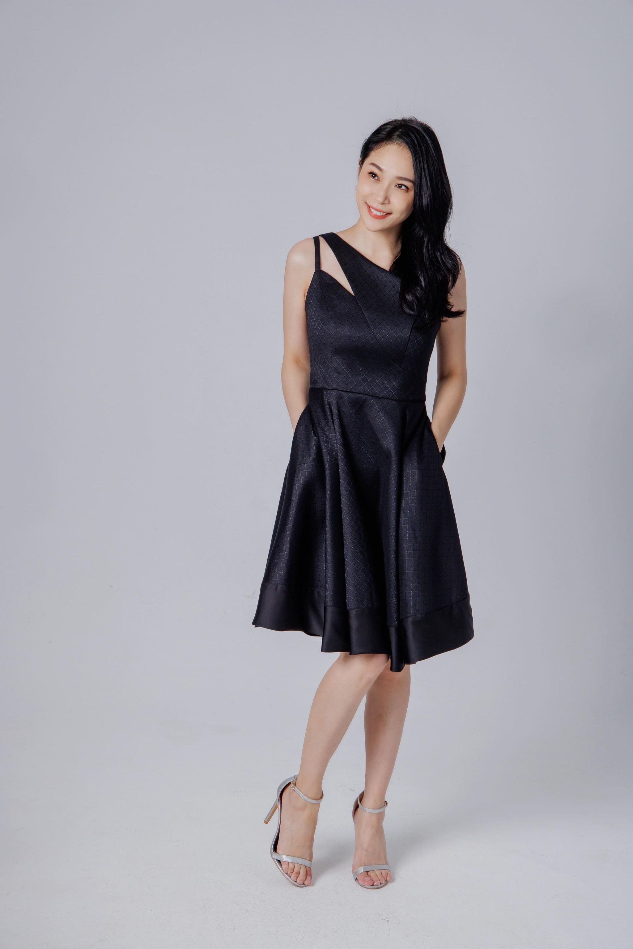One-shoulder Jacquard Evening Gown—Black